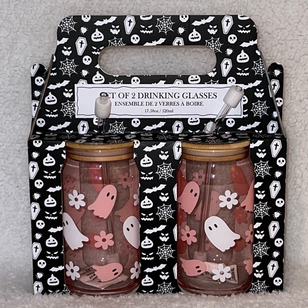 Ghost + Flower Glass Tumblers, Bamboo Lid, Glass Straws